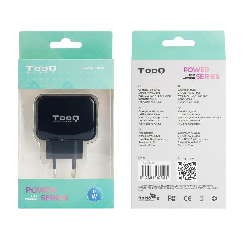 TooQ TQWC-1S02 Cargador de pared 2 USB Negro