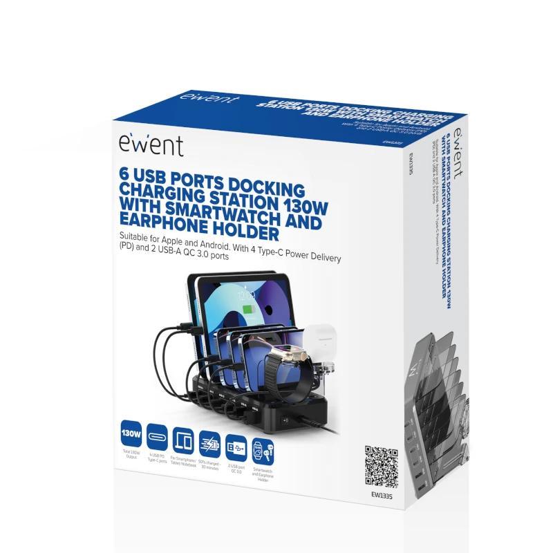 EWENT estación de carga 6 USB 130w Reloj-Auric