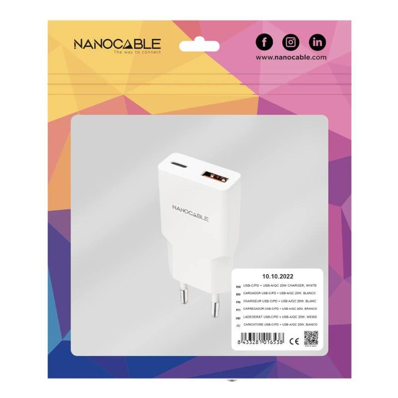 Nanocable Cargador USB-C/PD + USB-A/QC 20W Blanco