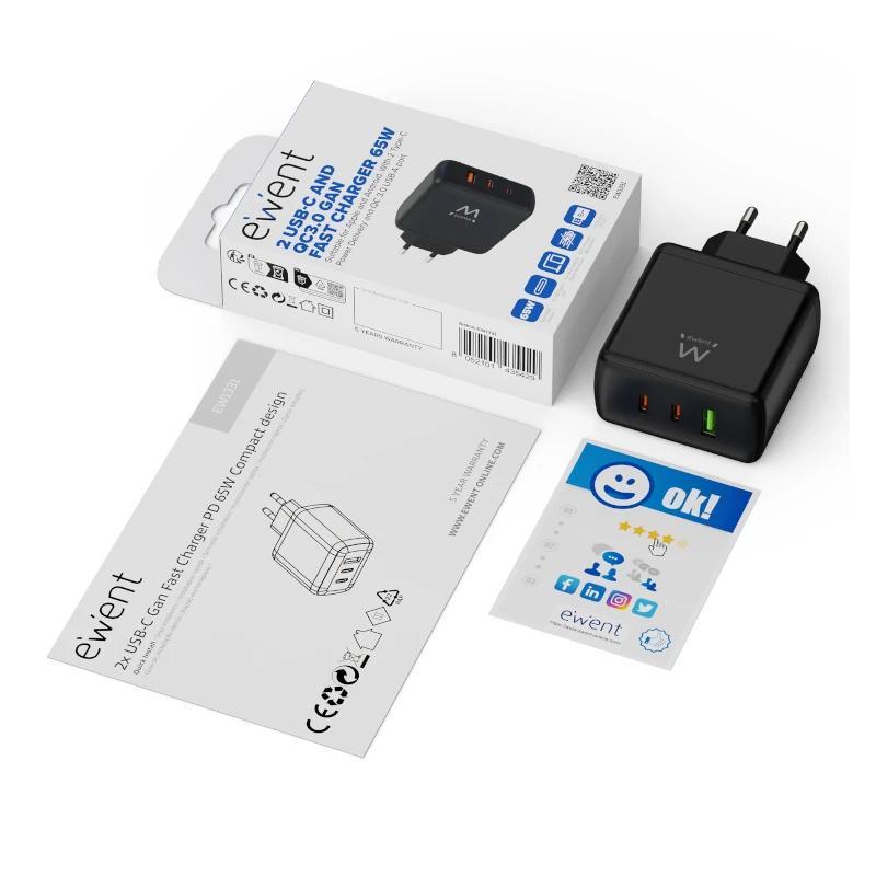 EWENT Cargador Gan Fast 65W 2 USB-C PD-1USB-A QC